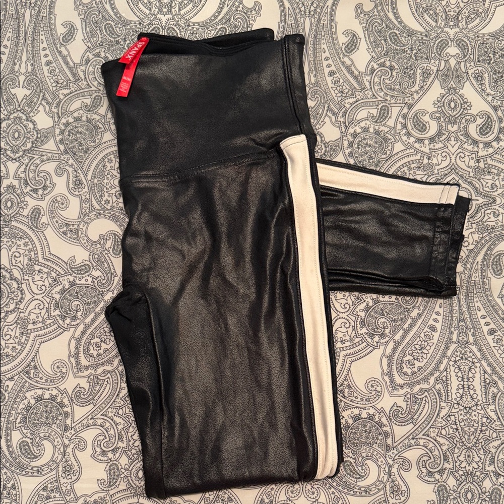 SPANX Track Style Black Faux Leather Leggings | Medium